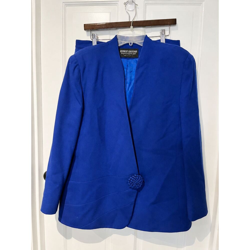 Vintage Herbert Grossman Cynthia Sobel Blue Wool Skirt Suit Size 16 Made USA